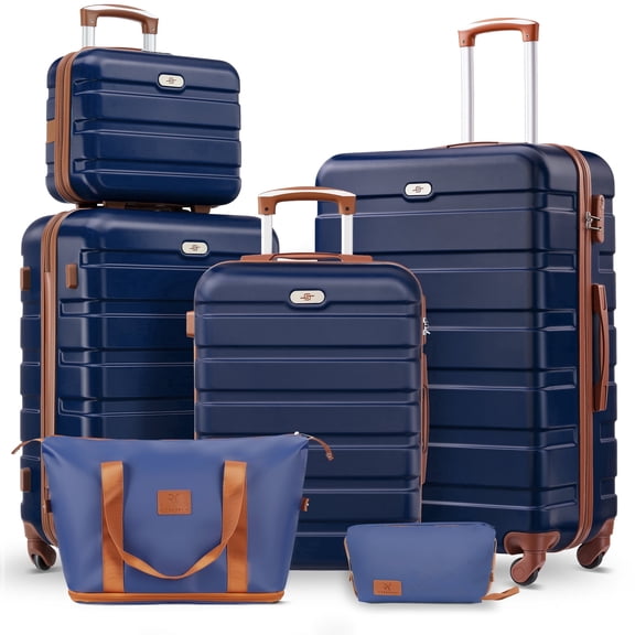 Gowill 6 Piece Luggage Sets,13/20/24/28 inch Hardside Lightweight ABS Suitcase With Expandable Duffle Bag (Navy Blue Tan)