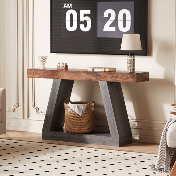 Farmhouse 55 Inch Industrial Console Table – 2-Tier Narrow Sofa Entryway Table with Open Storage Shelf – Wooden Accent Furniture for Living Room, Hallway, Foyer, Behind Couch – Gray and Brown Color