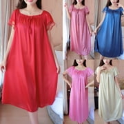 ZPAQI Womens Summer Lace Ice Silk Nightdress Short Sleeve Loose Plus Size Nightgown XL
