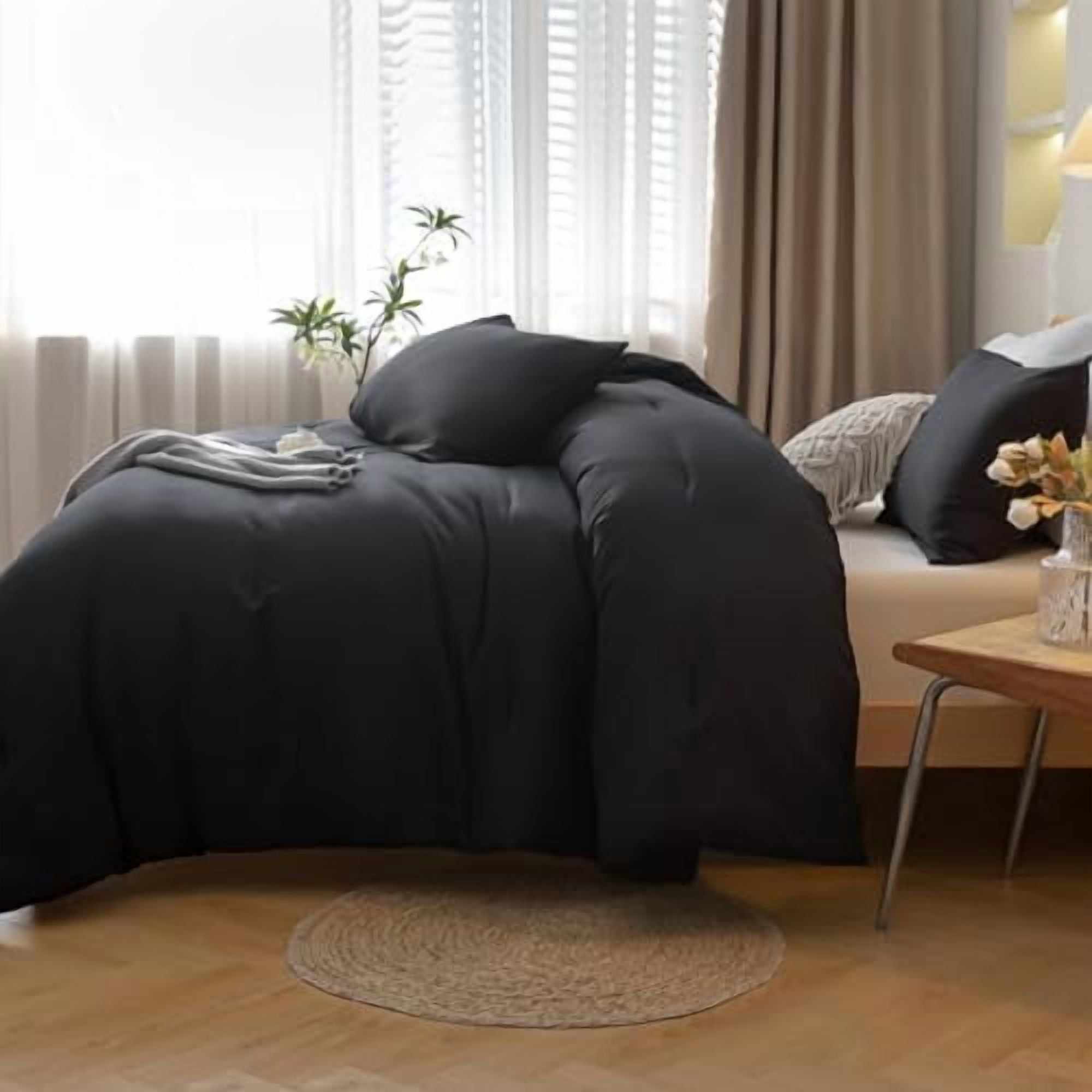 Comforter Full Size Black for Girls Boys Teens, 3pcs (1 Boho Comforter & 2 Pillowcases), Lightweight Dorm Bedding Soft All Season Bed Set