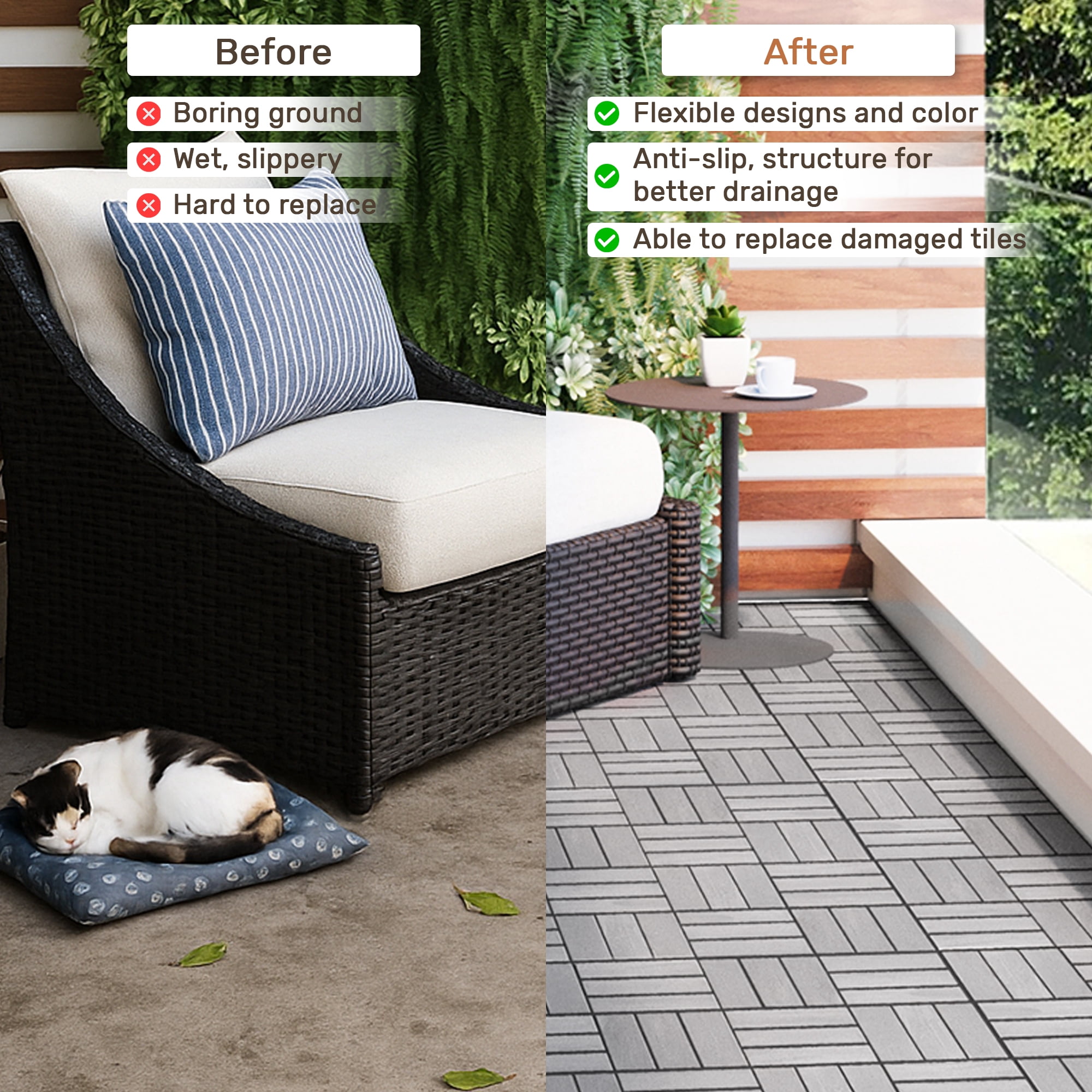 30 PCS Light Gray Acacia Hardwood Interlocking Deck Tiles Checker Pattern 12"x12" Outdoor Flooring for Patio Balcony Pool Side Garden Porch