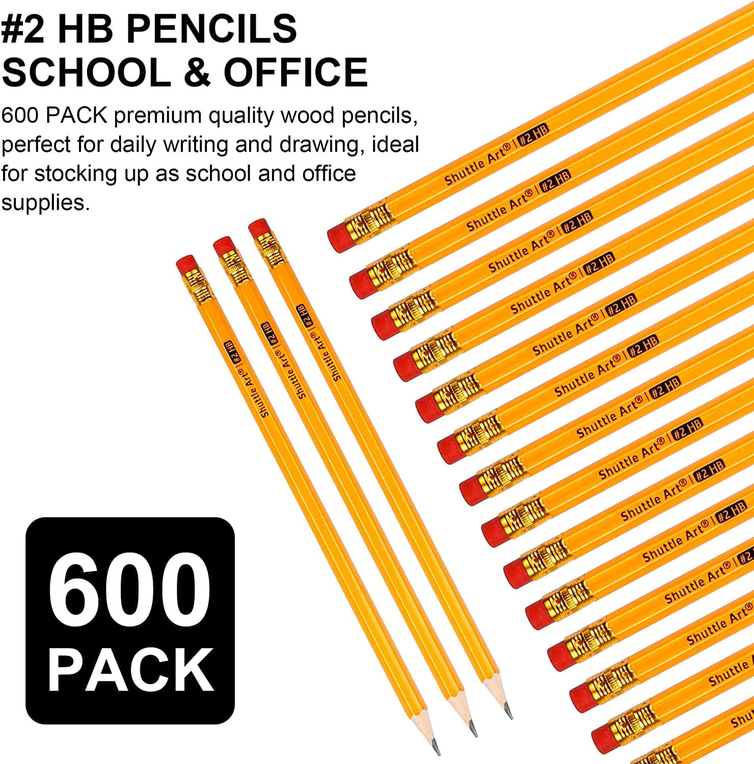 Wood-Cased #2 HB Pencils, Shuttle Art 600 Pack Sharpened Yellow Pencils with Erasers, Bulk Pack Graphite Pencils for Writhing, Drawing and Sketching