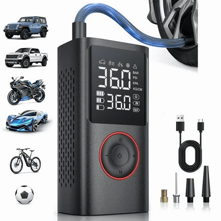 Tire Inflator Portable Air Compressor - Air Pump For Car Tires with Digital Pressure Gauge, LED Light and Auto Shut-Off Function - Cordless Pump for Car, Motorcycle, Bicycle, Ball