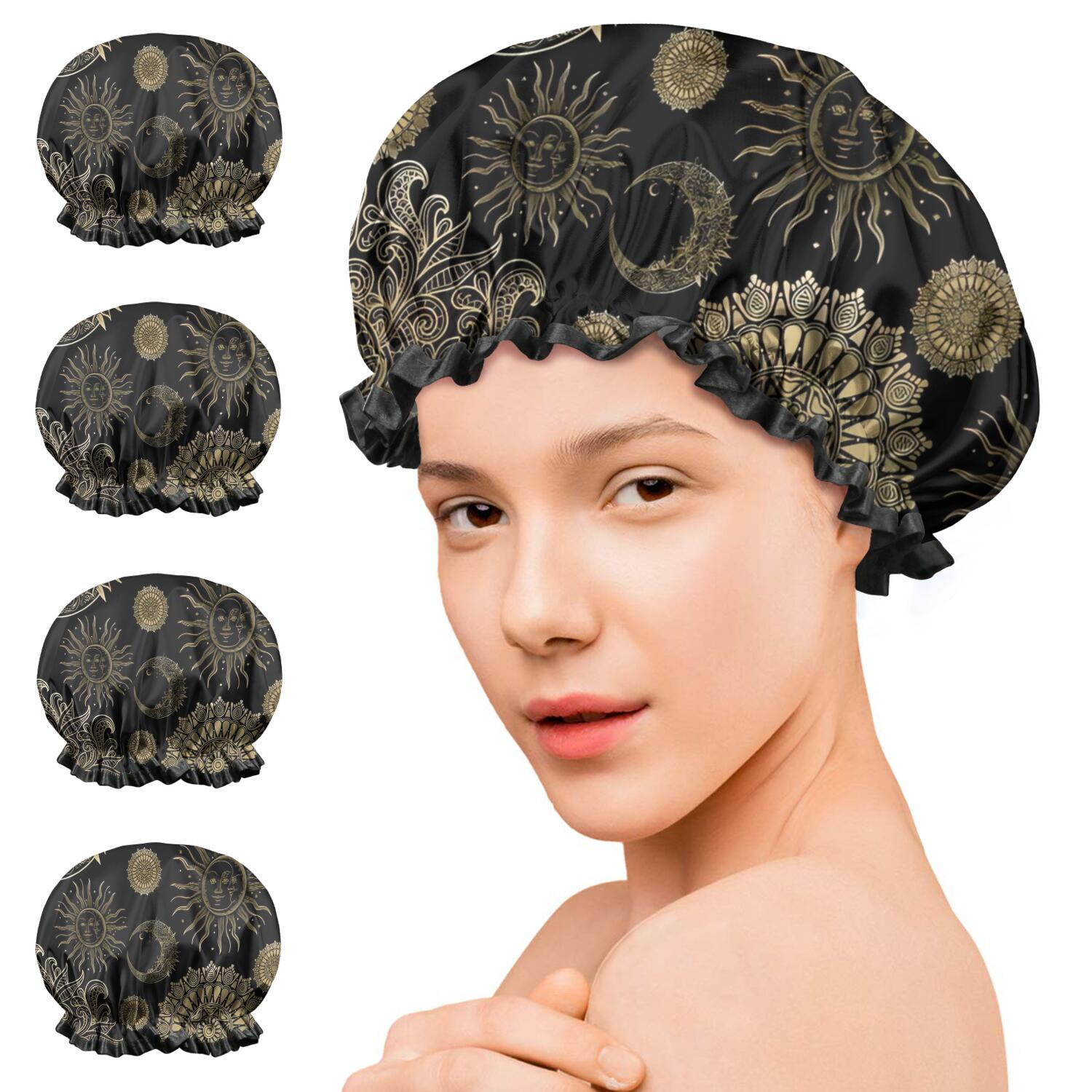Shower Caps,Black Gothic Sun Moon Pattern Waterproof Shower Cap for Women 4 Pieces,Double Reusable Hair Cover for Shower PEVA Elastic Stretch Hem