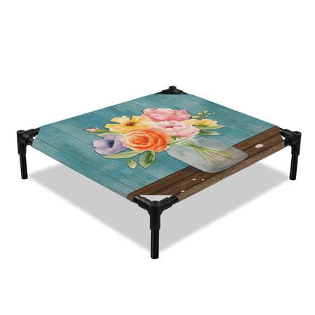Floral Vase Elevated Dog Bed Watercolor Colored Floral Vase Teal Wood Grain Cooling Breathable Outdoor Raised Dog Cot Bed with Metal Frame Non-Slip Feet for Small Dog 20x20in