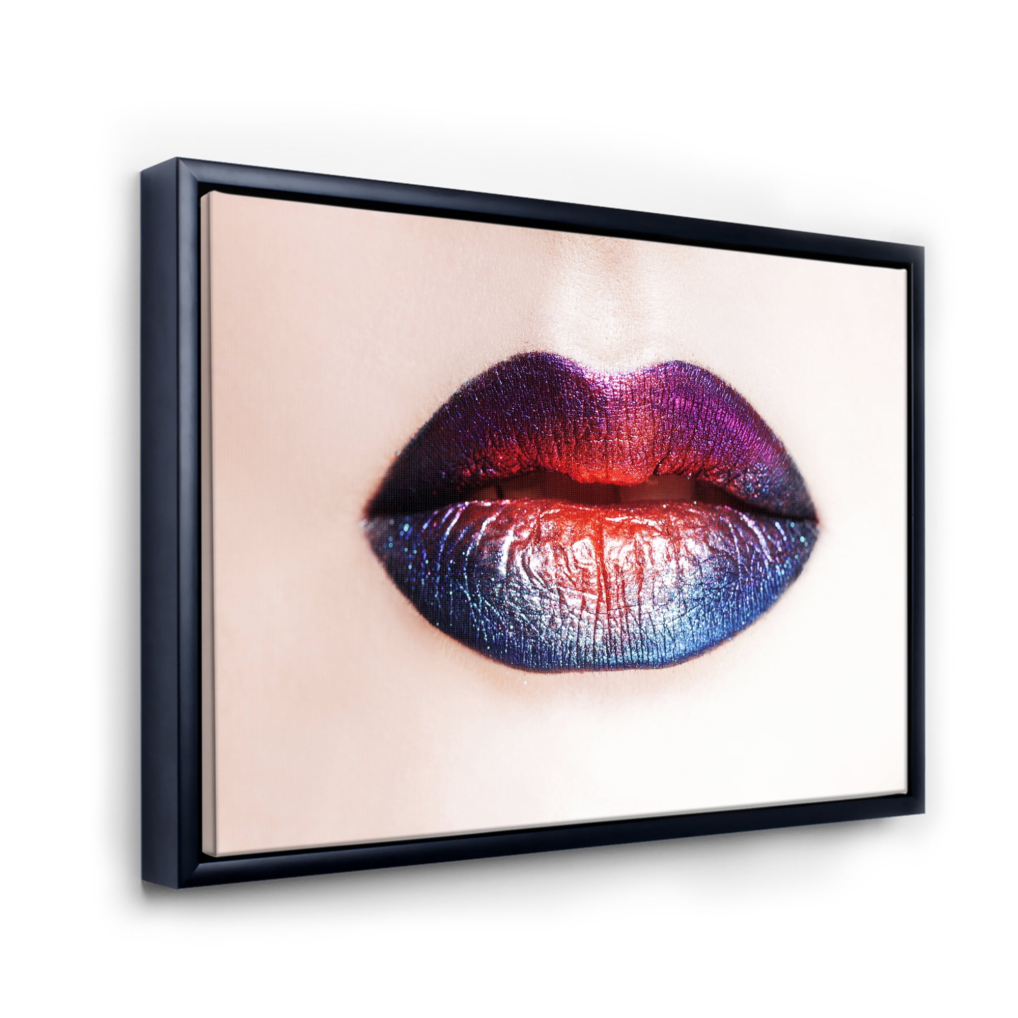 Designart 'Female Lips With Bright Multicolored Lipstick' Modern Framed Canvas Wall Art Print