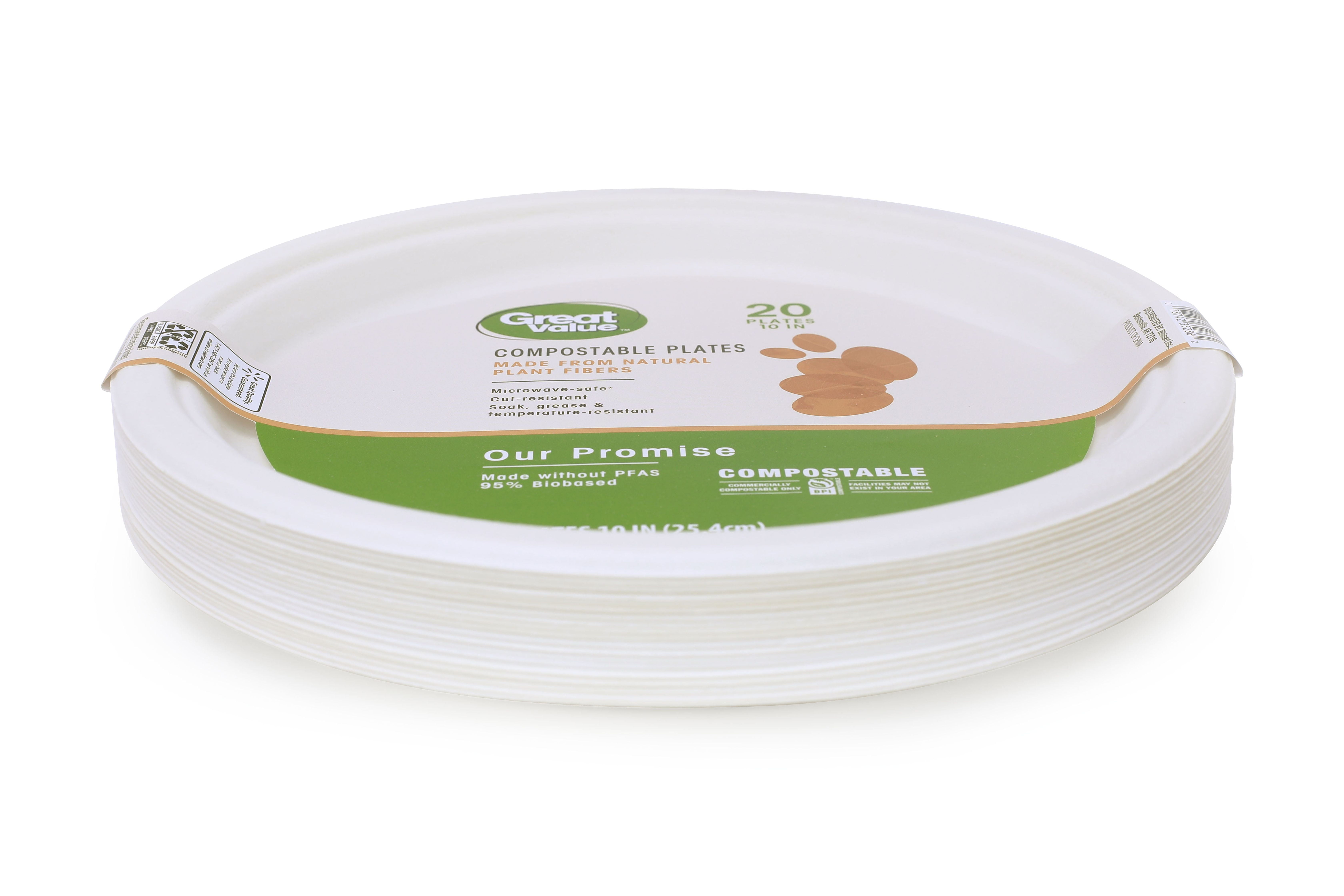 Great Value Disposable Paper Plates, Compostable, Microwave Safe, Cut Resistant, Soak Resistant, Temperature Resistant, 10 in, 20 Count