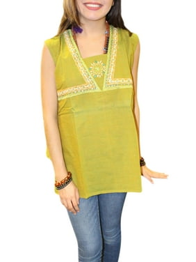 Mogul Women's Green Tunic Blouse Sleeveless Cotton Top S