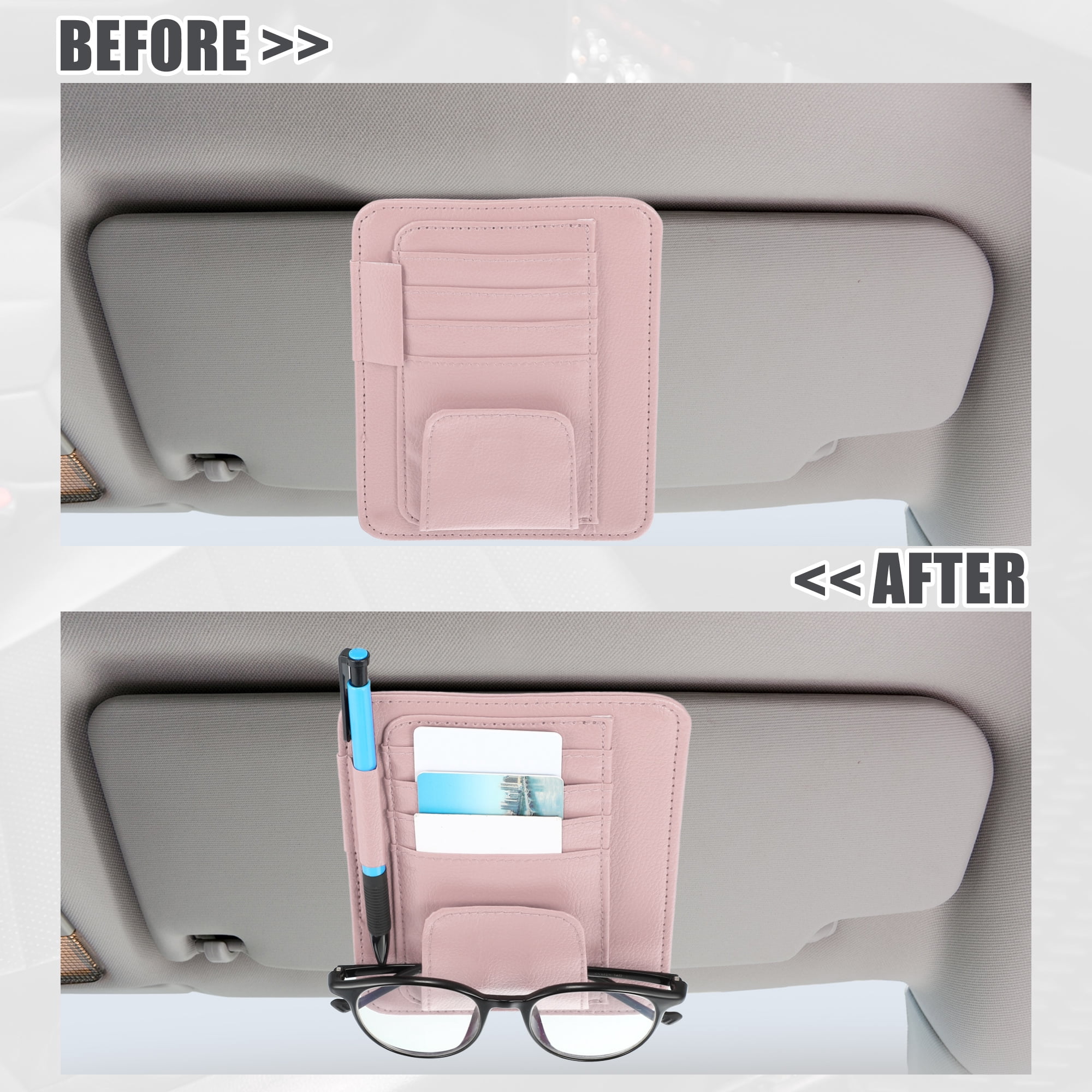 Unique Bargains PU Leather Car Sun Visor Organizer Glasses Holder and Card Holder Pink