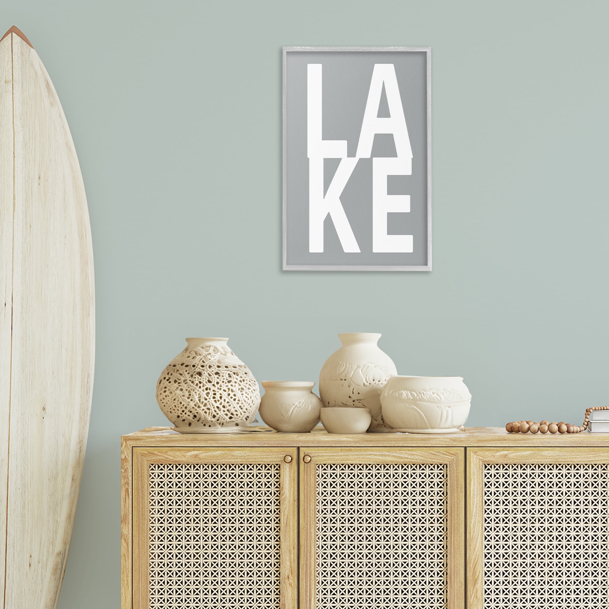 Stupell Industries Lake Word on Grey Typography Painting Gray Framed Art Print Wall Art, 16 x 24
