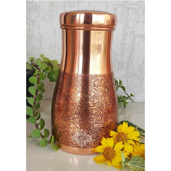Indian Art Villa Embossed Copper Water Bottle - 34 oz, Stylish Bedroom Drinkware