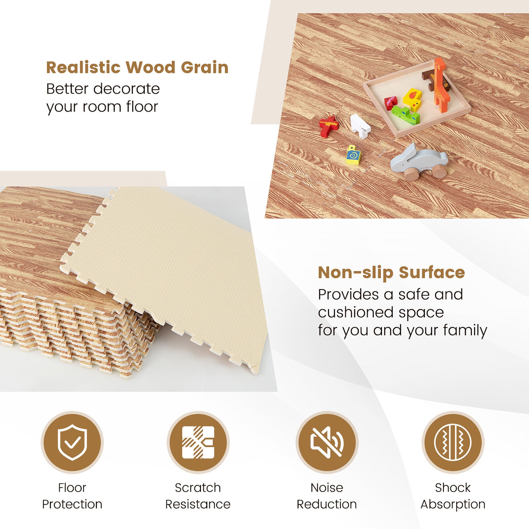 Gymax 12 Pieces EVA Foam Floor Interlocking Tile Mat w/ Natural Wood Grain