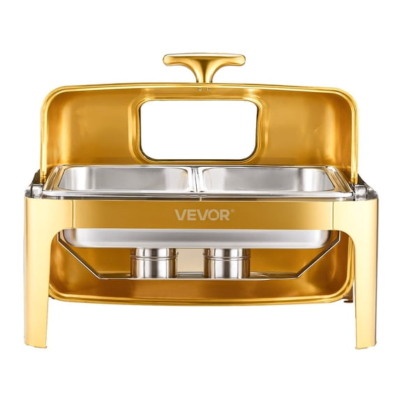 Stainless Steel Gold 9Qt Rectangle Roll Top Chafing Dish Set with Full-Size Pan for Catering & Events