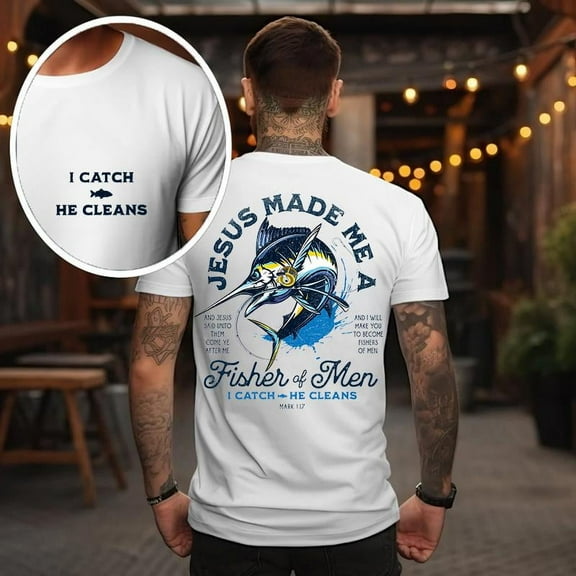Funny Christian Fishing Graphic Tees for Mens Jesus Made Me A Fisher Pattern Tops Fashion Print Tshirts White,M