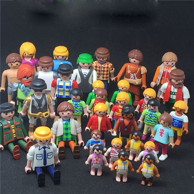 figuras de acción de playmobil, muñecos militares de 3cm, 5cm y 7cm, 1 unidad — Vista frontal centrada de múltiples figuras Playmobil en tonos verde y otros colores; tres tamaños (3, 5 y 7 cm) en PVC con ropa impresa (camisas a cuadros, chalecos y uniformes) y cabezas articuladas sobre fondo oscuro. Adecuadas también para colecciones o dioramas de juguetes.