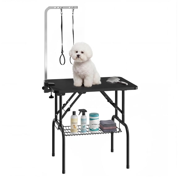 Dog Grooming Table, Pet Grooming Station with 32 x 23.6 in. Anti-Slip PVC Top, Heavy-Duty Steel X-Frame, Adjustable Grooming Arm and 250 lb Capacity