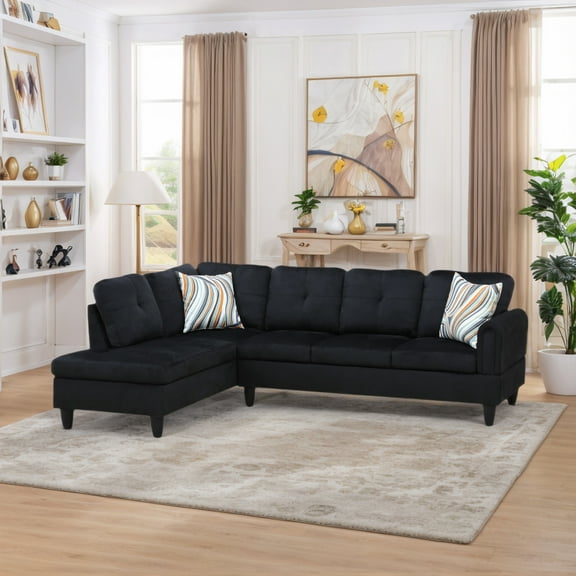 Hommoo Flannel L Shaped Sectional Couch and Sofa Set, Modern Living Room Furniture Set, Left Side, Black