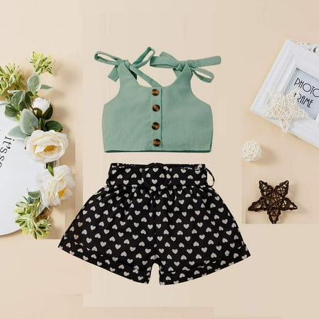 

THE WILD Baby Girls Sleeveless Bowknot Suspender Tops+Heart Printed Shorts Outfits