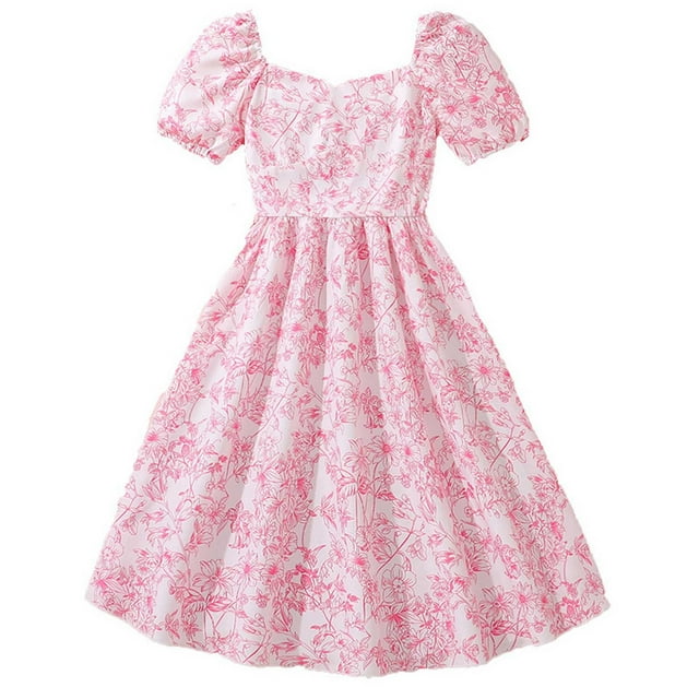 Odeerbi Niñas Verano Vestido Princesa Floral Cuello Cuadrado Puff Manga Corta Vestido Algodón Plisado