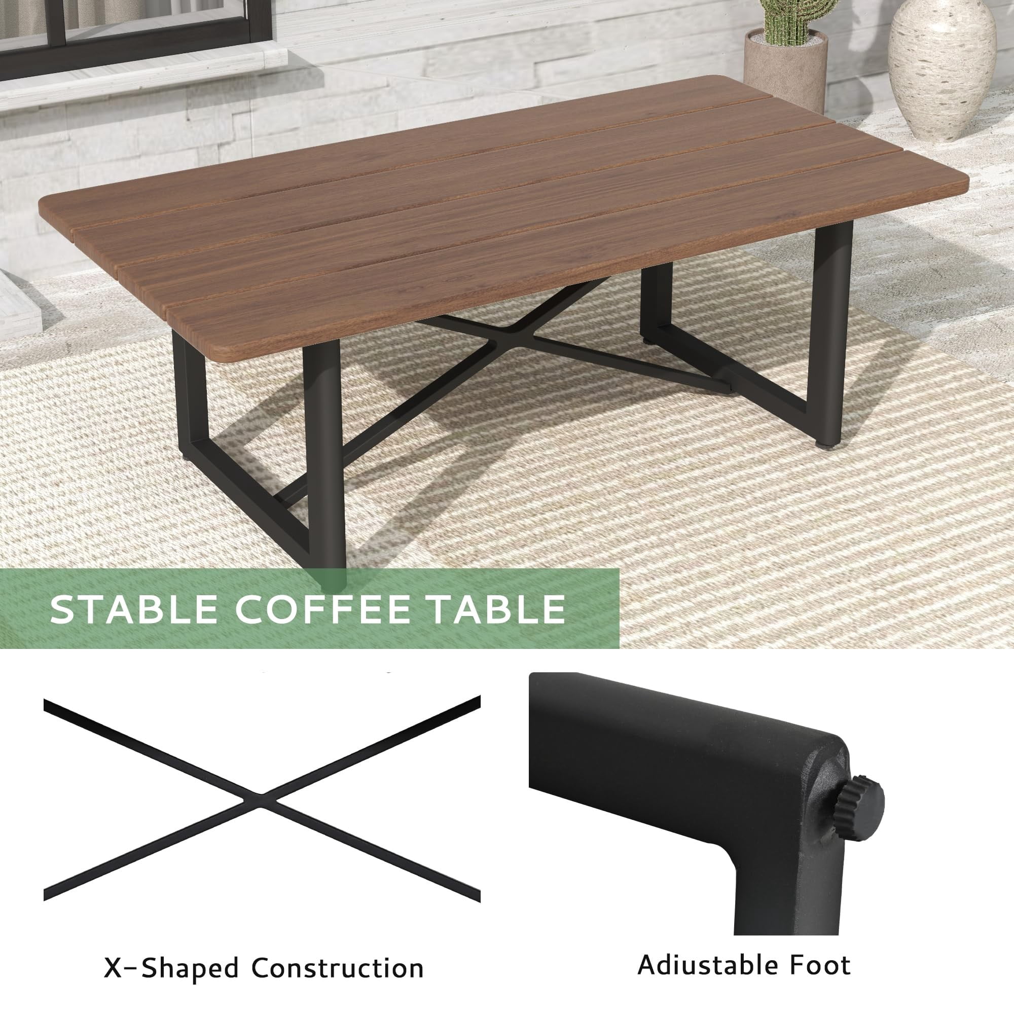 Aluminum Outdoor Patio Coffee Table with Acacia Wood Top, Rectangle Table, Weather-Resistant for Garden, Balcony, Backyard