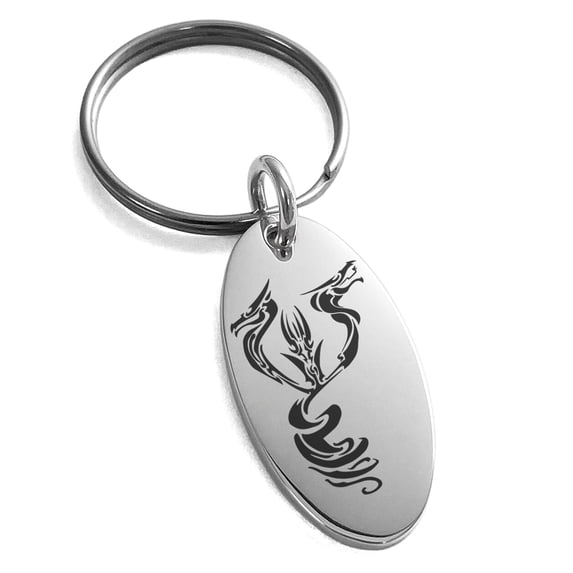 Stainless Steel Menacing Hydra Engraved Small Oval Charm Keychain Keyring