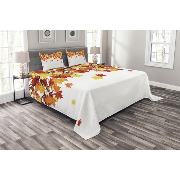 Autumn Bedspread Set Queen Size, Fall Season Foliage on Tree Branches