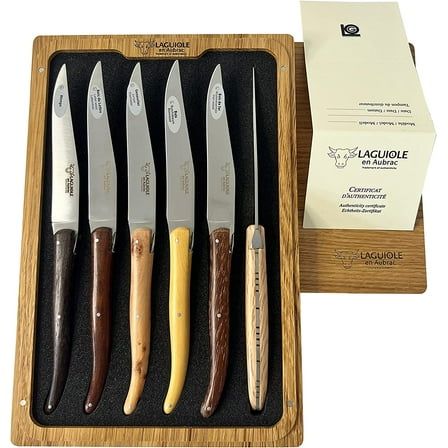 Laguiole en Aubrac Fully Forged Full Tang Matte Stainless Steel Everyday Utility Steak Knives 6-Piece Set with Mixed Wood Handles