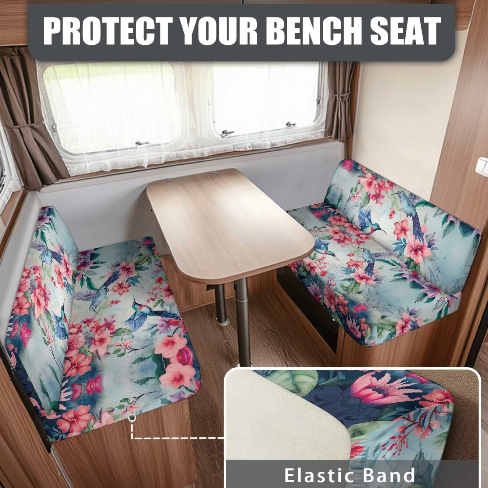 XYZCANDO Hummingbird Floral RV Dinette Cushions Stretchable RV Accessories for Inside Universal Bench Cushion Comfortable Couch Cushion Covers Stylish Camper Accessories for Inside Slipcovers Blue