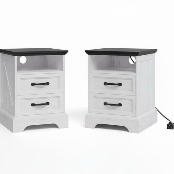 Garvee 2 Pack Farmhouse Nightstand 18.1 x 18.1 x 24.1", Charging Station & 2 Drawers, White & Black