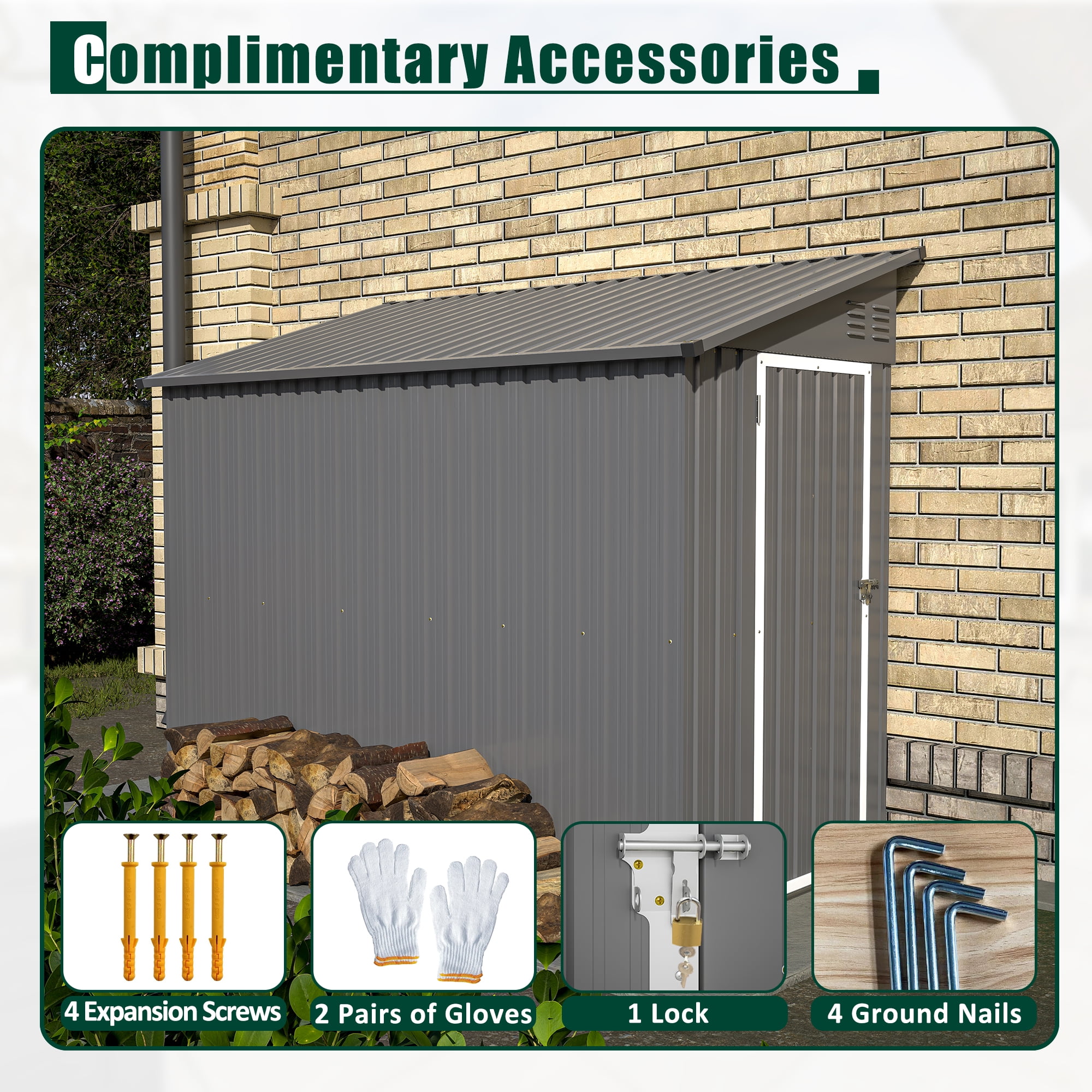 LZBEITEM 4 x 8 ft Outdoor Metal Storage Shed Lean to, Small Metal Wall Side Door Sheds & Garden Tool Shed with Galvanized Floor Frame Kit Lockable for Garden, Backyard, Gray, 95 x 48.82 x 75.7 inch