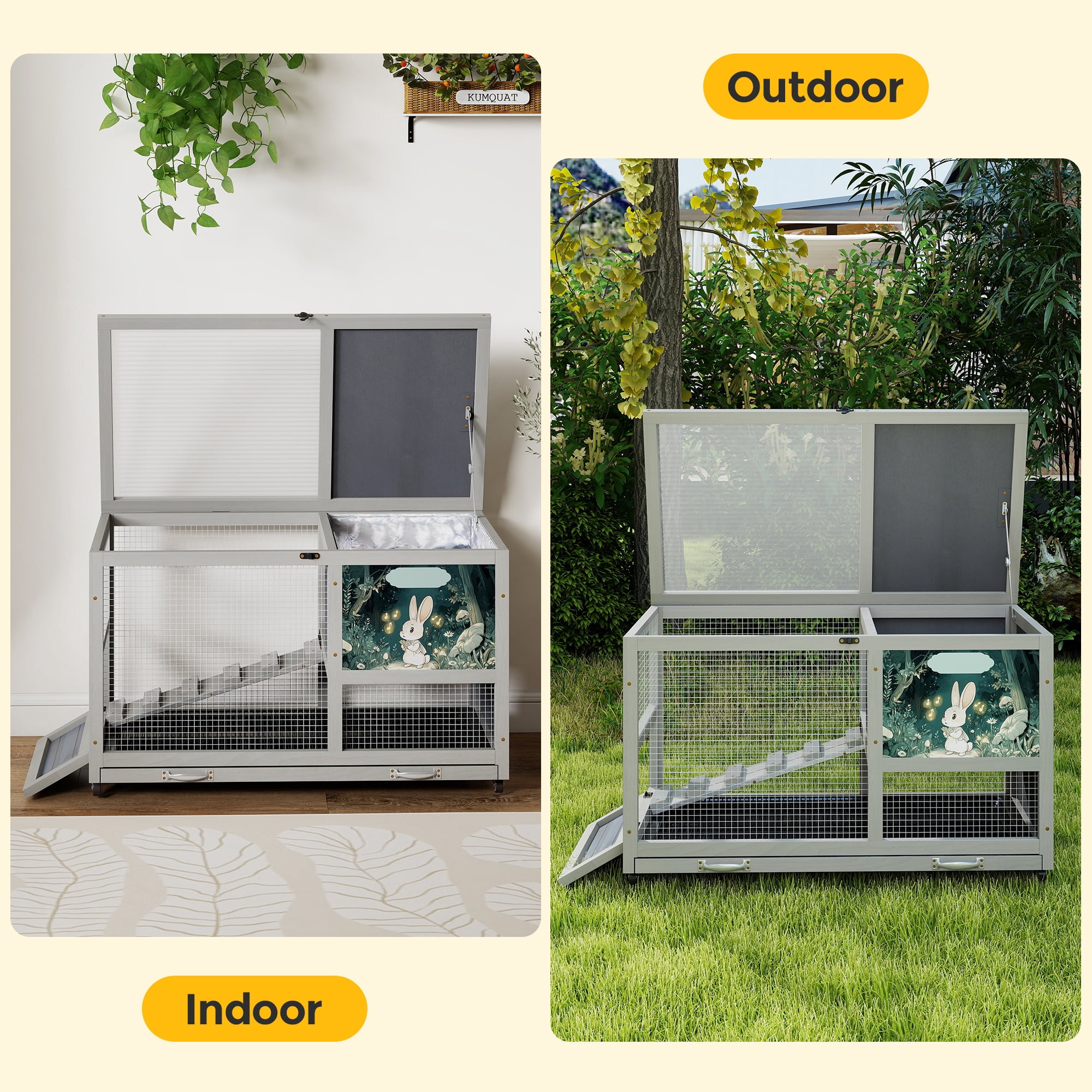 Fashion Wooden 36Inches Rabbit Hutch Outdoor with wheels Bunny Cage Indoor&Pull Out Tray, Openable Roof