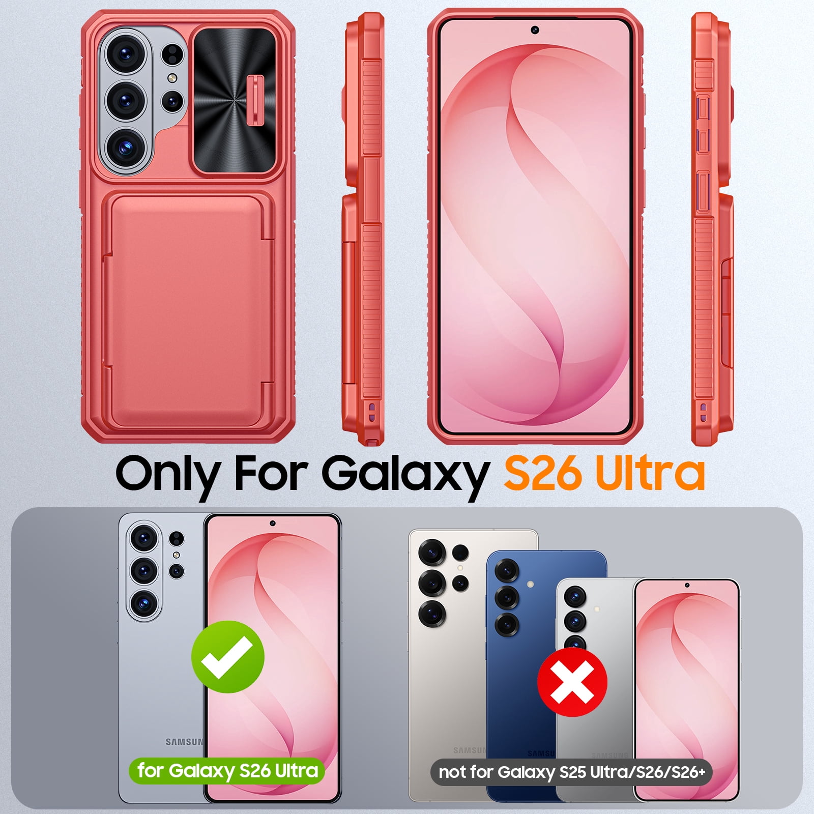 Vizvera for Samsung Galaxy S26 Ultra Case Wallet with RFID [Cards Holder][Camera Cover][Edge Raised] Shockproof Silicone Phone Case-Coral Red