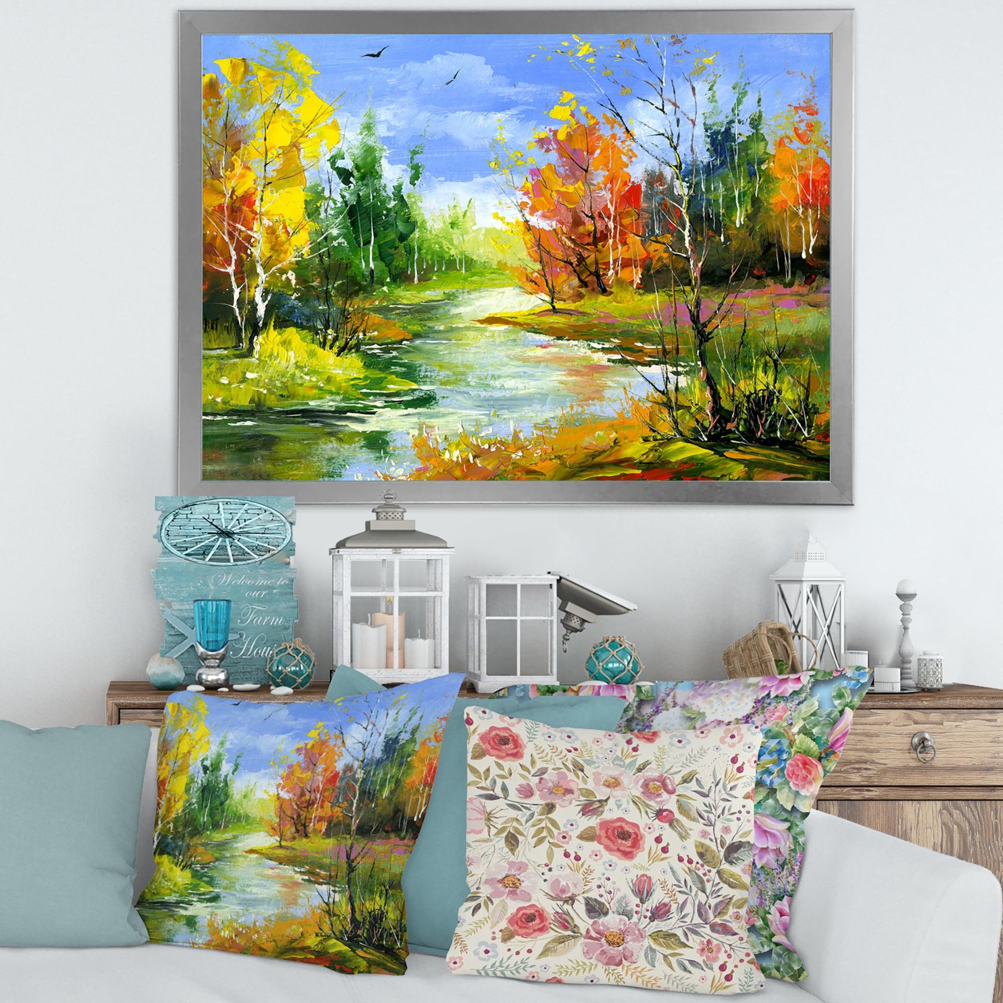 Designart 'Autumn Landscape With Forest and River' Lake House Framed Art Print