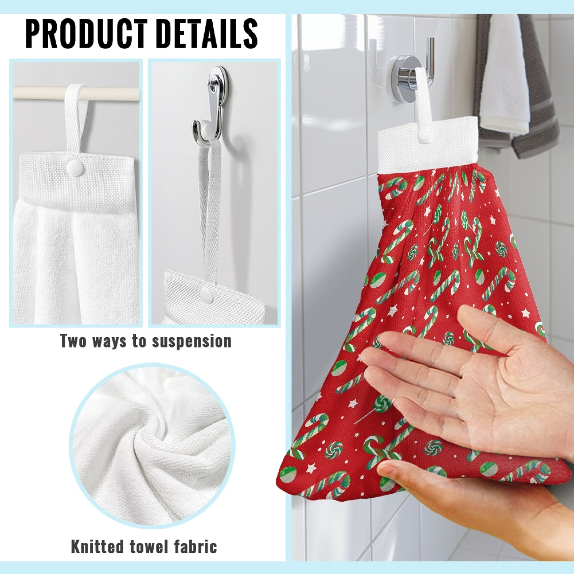 SEANATIVE Christmas Hand Towels for Bathroom Candy Canes Kitchen Small Hand Towels with Hanging Loops Soft Thick Dish Towel Hangs on Appliances Towel Decorations for Home Set of 3