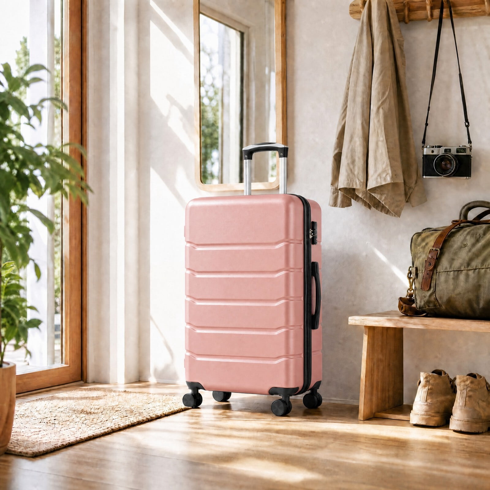 Kelno Large Checked Luggage with Spinner Wheels ABS Hard Shell Suitcase Expandable Rolling Luggage with TSA Lock, Pink