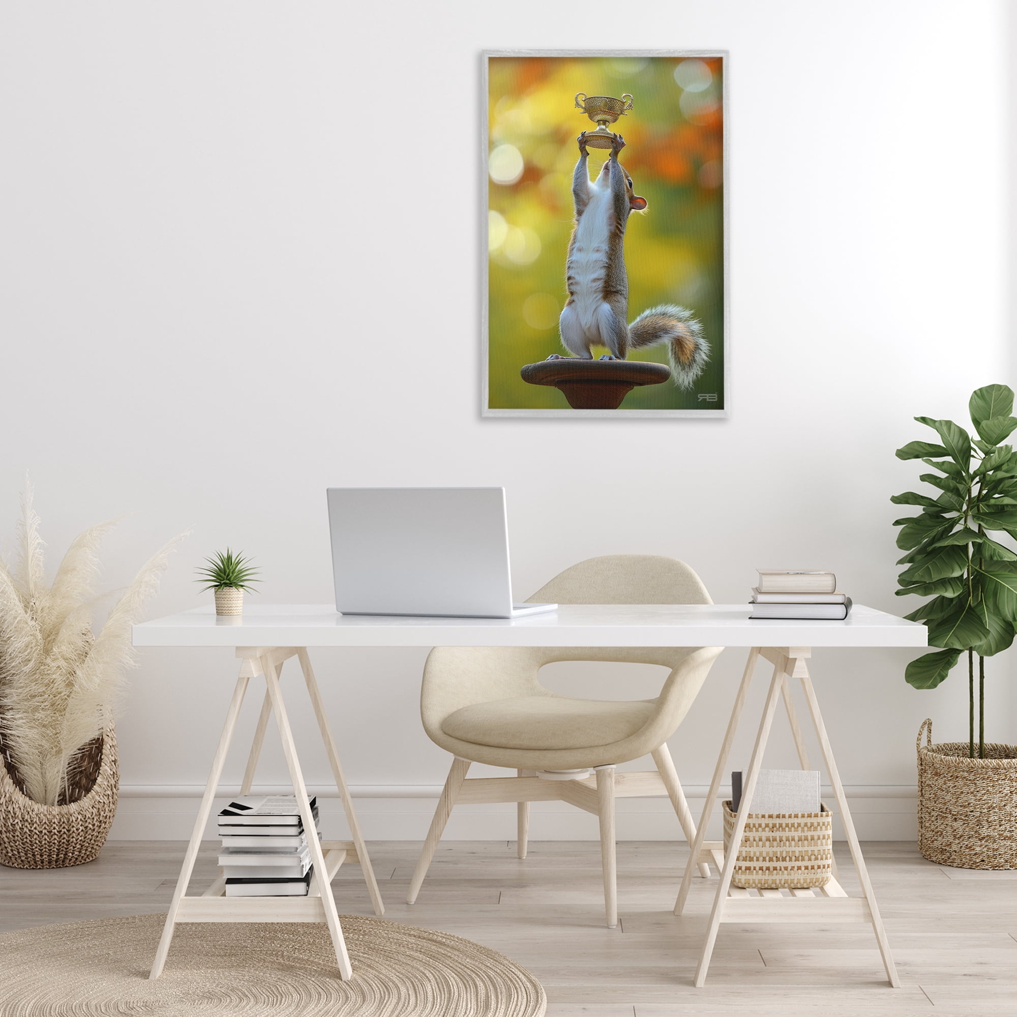 Stupell Industries Squirrel Holding Trophy Novelty Painting Gray Framed Art Print Wall Art, 20 x 30