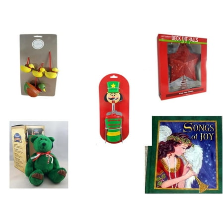 Christmas Fun Gift Bundle [5 Piece] - Martha Stewart Woodland  Set of 4 Duck Ornaments - Deck The Halls Red Star Tree Topper 11.5