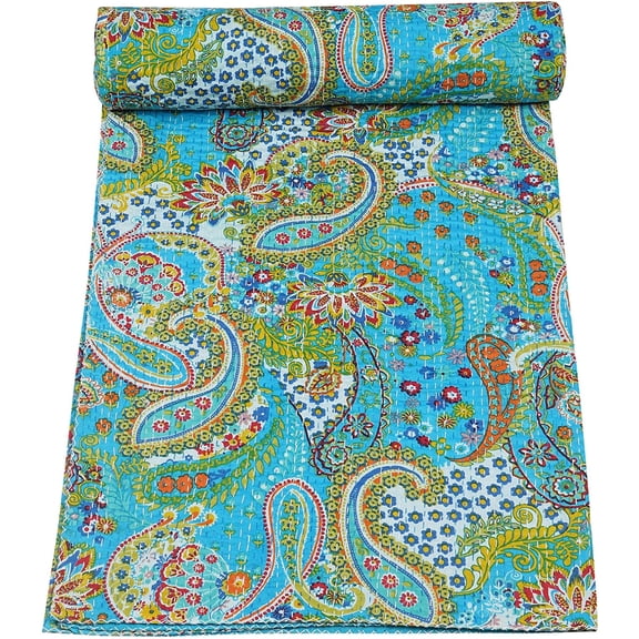 Indian Handmade Pure Cotton Paisley Printed Kantha Quilt ,Bedspread,Bed CoverThrow Blanket Twin Size 60" x 90" (Sky Blue)