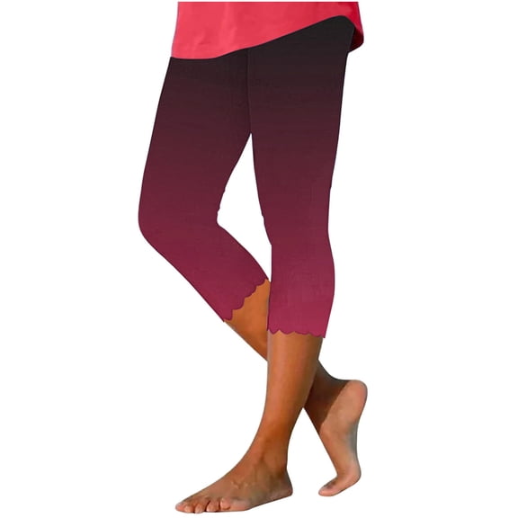 Admvng Gradient Capri Leggings for Women High Waist Scalloped Hem Loungewear Cropped Pants
