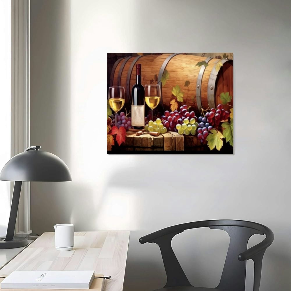 COMIO  Wine Wall Art Canvas Kitchen Wine Picture Prints Grape Barrel Painting Red Wine Glass Artwork Prints for Home Kitchen Dinning Room Bar Wine Cellar Decor