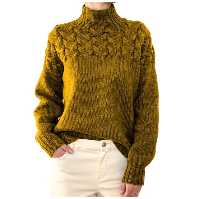 FAIWAD Women's Sweaters Turtleneck Long Sleeve Ribbed Cable Knit Solid Color Baggy Pullover Tops