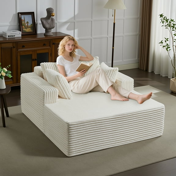 Oversized Chaise Lounge Chair Indoor 61" D x 54" W 2‑Person Comfy Cloud Boneless Couch Corduroy Foam No Assembly Required Sofa Bed with 4 Pillows & Armrests for Living Room & Bedroom