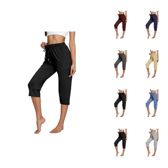 Capri Pants for Women Spring Summer Elastic High Waist Relaxed Fit Straight Leg Capri Sweatpants with Pockets