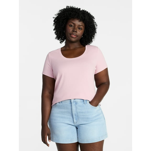 Terra & Sky Women's Plus Size Scoop Neck Rib Tee with Short Sleeves, Size 0X-5X