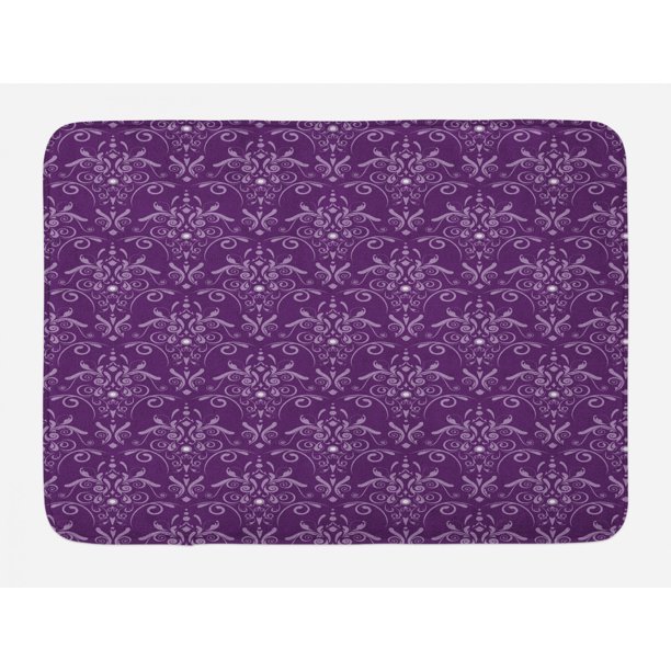 Eggplant Bath Mat, Damask Pattern with Symmetrical Abstract Leaves and