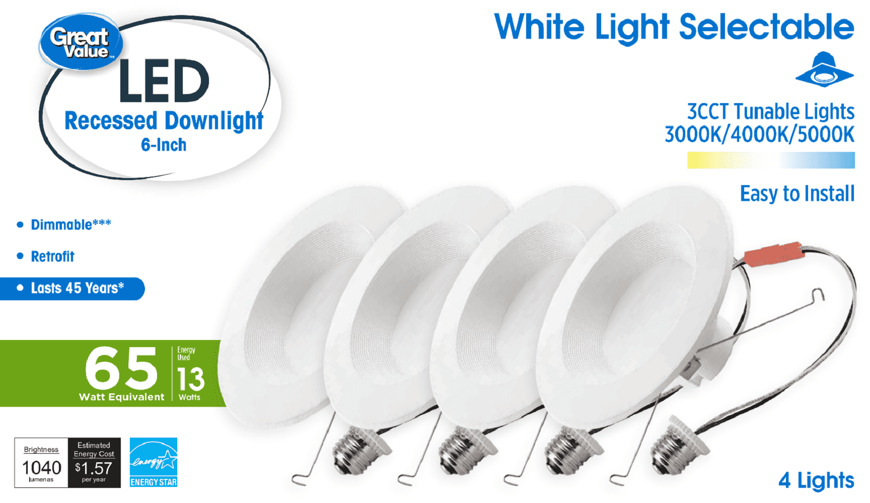Great Value 6' 65W 3CCT Recessed Can Retrofit Down Light, White Finish 4 PK