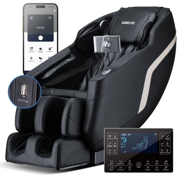 BOSSCARE Full Body Shiatsu Recliner Massage Chair Zero Gravity with USB Port and App, Black