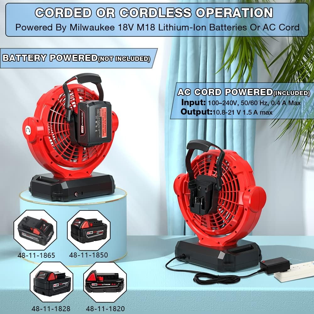 Jobsite Fan Powered by Milwaukee M18 18V Battery/AC Adaptor Portable Battery Powered Fan with Timer 3500CFM Cordless Works Fan for Workshop Construction Site for Camping, Garage, Kitchen, Office