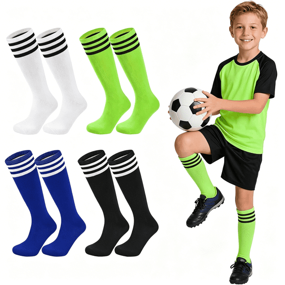 TELOLY 4 Pairs Kids Soccer Baseball Socks Youth Boys Girls Long Striped Socks with Soccer Gifts