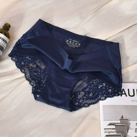 Hamky Panties for Women Cheeky Underwear Women s Ice Silk Mid Lace Cotton Crotch Breathable Large Size Briefs Womens Underwear Cotton Underwear Blue L